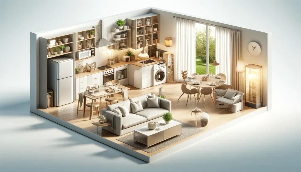 DALL·E 2024 04 02 17.03.15 Wide panoramic illustration for an article about the essential equipment list for furnished rentals in a 1800x600 pixel format. The image should dep