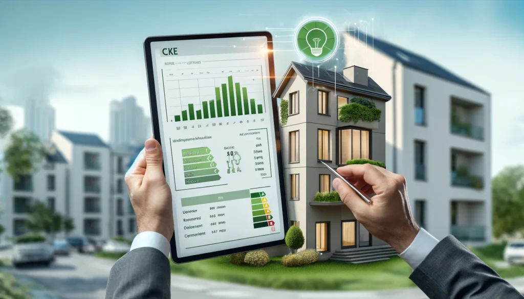 DALL·E 2024 04 22 11.33.23 Create an image for a blog article size 1043x480. The scene features a property owner holding a DPE Diagnostic de Performance Energetique report wi