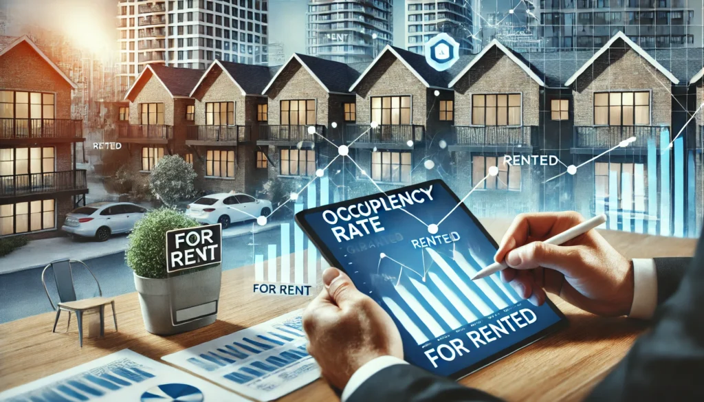 DALL·E 2024 07 01 16.01.50 Create an image for a blog article size 1043x480. The scene shows a property owner or real estate manager analyzing occupancy rate graphs on a comput