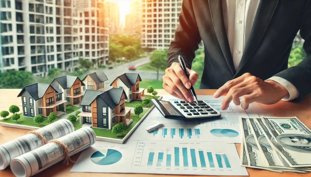 DALL·E 2024 08 09 14.14.43 Create an image for a blog article size 1043x480. The scene shows a beginner real estate investor examining a property plan or model with financial