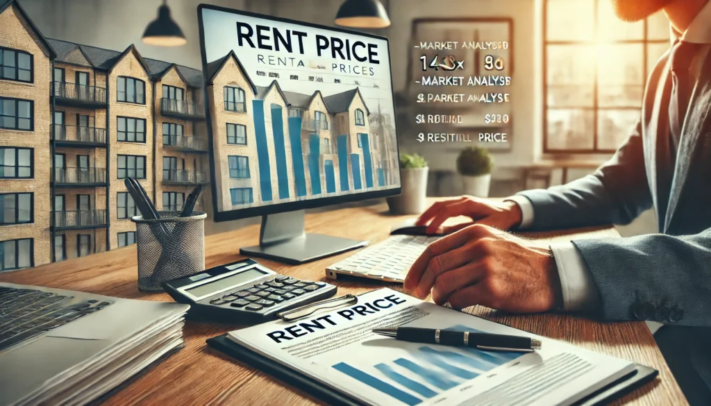 DALL·E 2024 09 13 17.44.13 Create an image for a blog article size 1043x480. The scene shows a property owner reviewing rent price graphs on a computer or tablet with realisti