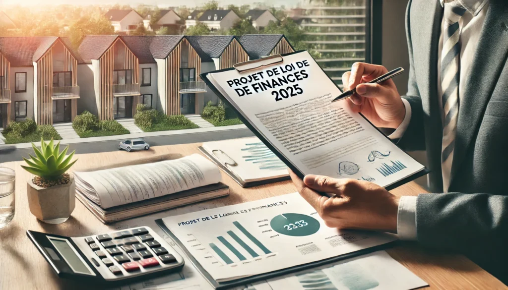 DALL·E 2024 10 29 14.53.58 Create an image for a blog article size 1043x480. The scene shows a property investor or owner examining an official document titled Projet de loi d